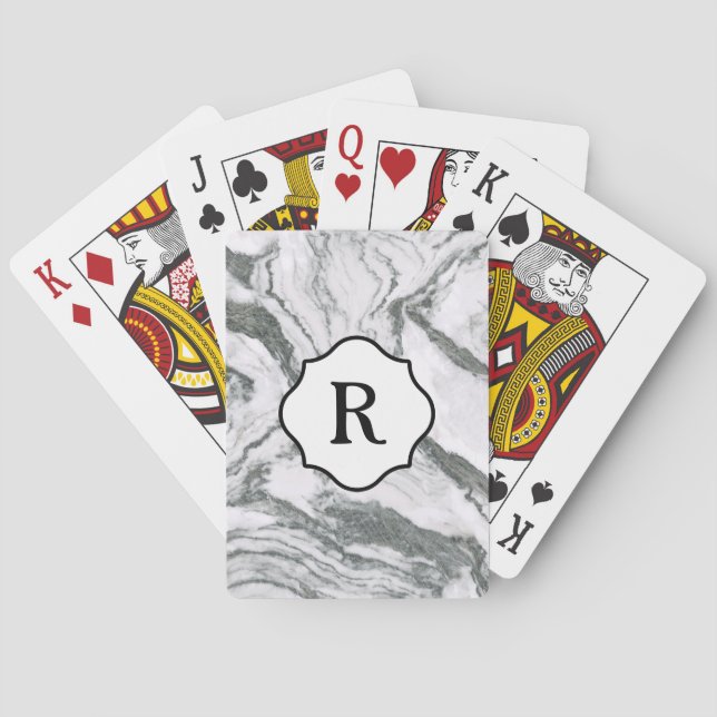 Jeu De Cartes Monogramme noir et blanc sur marbre gris foncé (dos)