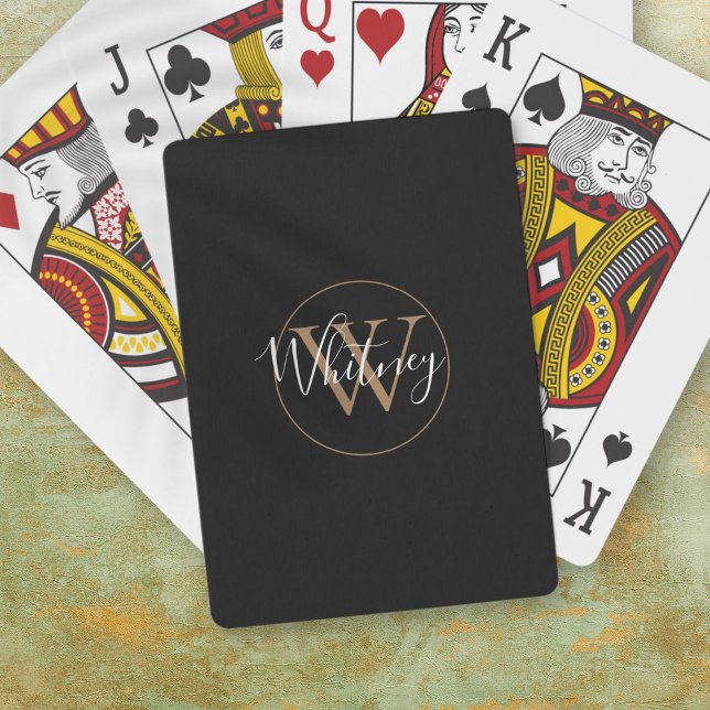 Jeu De Cartes Monogramme noir et or Nom du script Lecture des ca (Black and Gold Monogram Script Name Playing Cards)