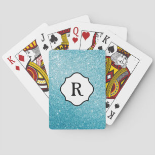 Jeu De Cartes Monogramme noir sur paillettes d'aqua scintillant