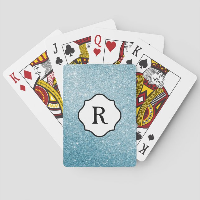 Jeu De Cartes Monogramme noir sur paillettes d'aqua scintillant (dos)