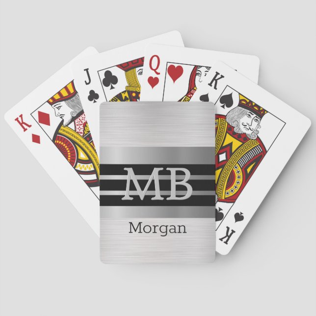 Jeu De Cartes Monogramme/Nom DIY Bk/Rayures Argentées Argent Bro (dos)