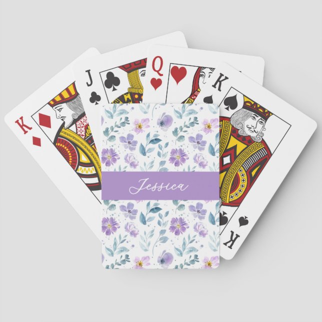 Jeu De Cartes Monogramme Nom Fleur Sauvage Aquarelle Violet Vert (dos)