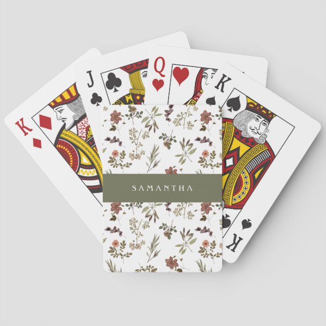 Jeu De Cartes Monogramme Nom Fleur Sauvage Bourgogne Vert (dos)