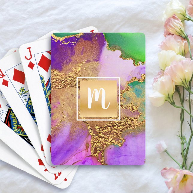 Jeu De Cartes Monogramme or violet vert agate aquarelle gras  (Créateur téléchargé)
