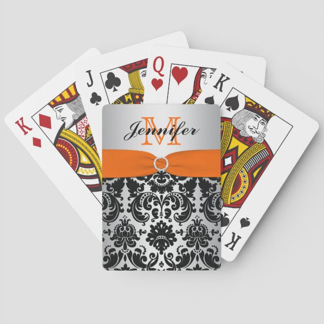 Jeu De Cartes Monogramme Orange Noir Argent Damas Jouer Cartes (dos)