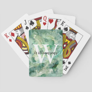 Jeu De Cartes Monogramme personnalisé et nom Aquarelle verte