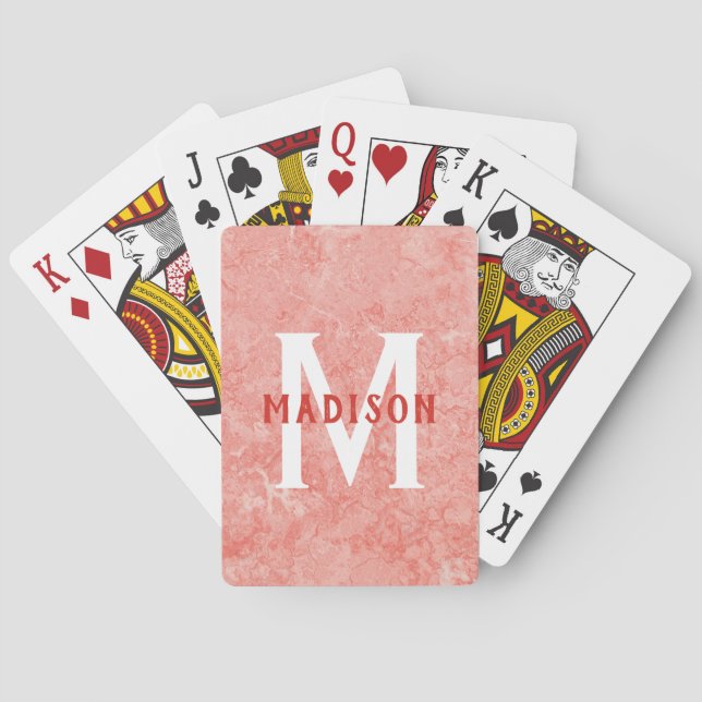 Jeu De Cartes monogramme personnalisé et nom Faux Red Marble (dos)