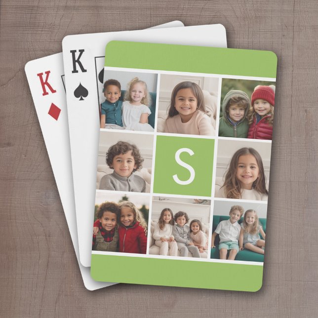 Jeu De Cartes Monogramme personnalisé Lime et photo blanche (Add 8 photos and personalize this set of playing cards with a monogram and lime green accents)