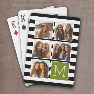 Jeu De Cartes Monogramme Personnalisé Lime Noir Striped Photo Co