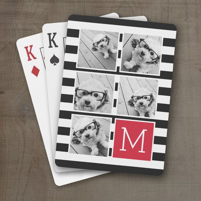 Jeu De Cartes Monogramme personnalisé noir rouge rayé (Personalized Playing Cards)