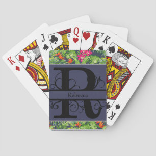 Jeu De Cartes Monogramme R floral tropical bleu marine