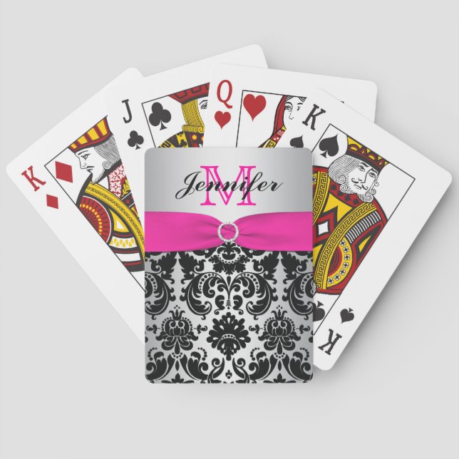 Jeu De Cartes Monogramme Rose Noir Argent Damas Jouer Cartes (dos)