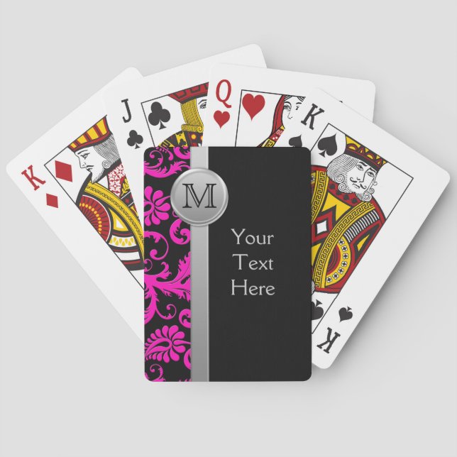 Jeu De Cartes Monogramme Rose Noir Argent Damas Jouer Cartes (dos)
