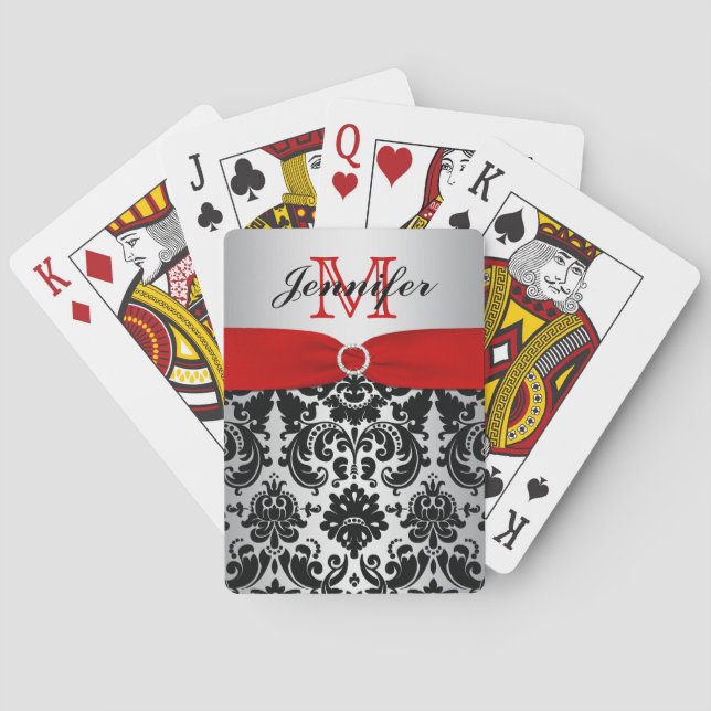 Jeu De Cartes Monogramme Rouge Noir Argent Damas Jouer Cartes (dos)