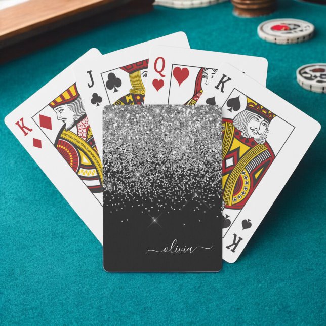 Jeu De Cartes Monogramme Script Pailleté Noir Argent Nom Féminin (Créateur téléchargé)