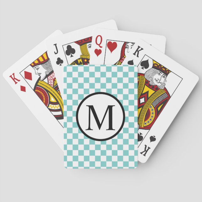Jeu De Cartes Monogramme simple avec le damier d'Aqua (dos)