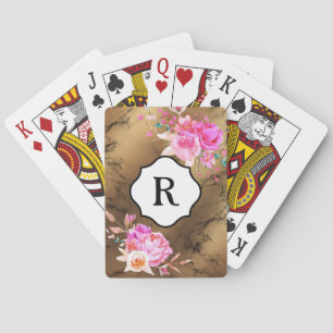 Jeu De Cartes Monogramme sur des fleurs roses audacieuses, marbr