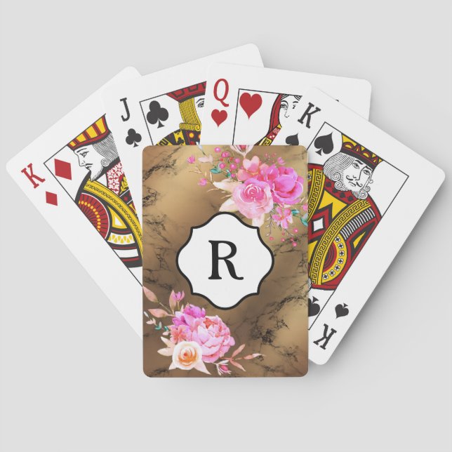 Jeu De Cartes Monogramme sur des fleurs roses audacieuses, marbr (dos)