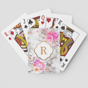 Jeu De Cartes Monogramme sur des fleurs roses audacieuses, marbr