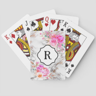 Jeu De Cartes Monogramme sur des fleurs roses audacieuses, marbr