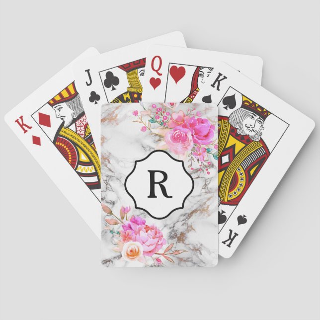 Jeu De Cartes Monogramme sur des fleurs roses audacieuses, marbr (dos)
