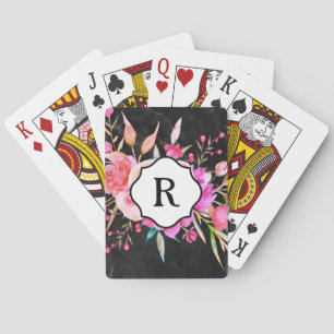 Jeu De Cartes Monogramme sur fleurs roses audacieuses et marbre 