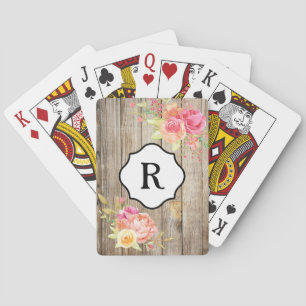 Jeu De Cartes Monogramme sur fleurs roses et bois rustique