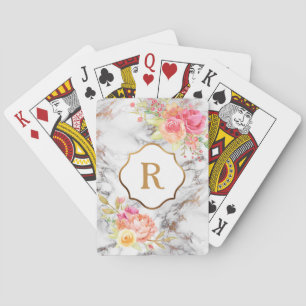Jeu De Cartes Monogramme sur fleurs roses et marbre or et blanc