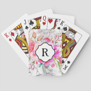 Jeu De Cartes Monogramme sur les fleurs roses en gras et le marb