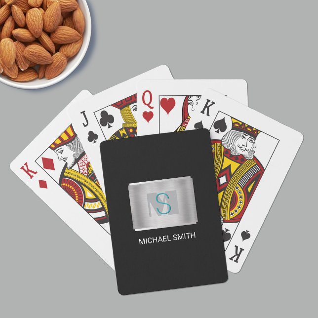 Jeu De Cartes Monogramme turquoise et gris, Nom blanc Argent, No (Créateur téléchargé)