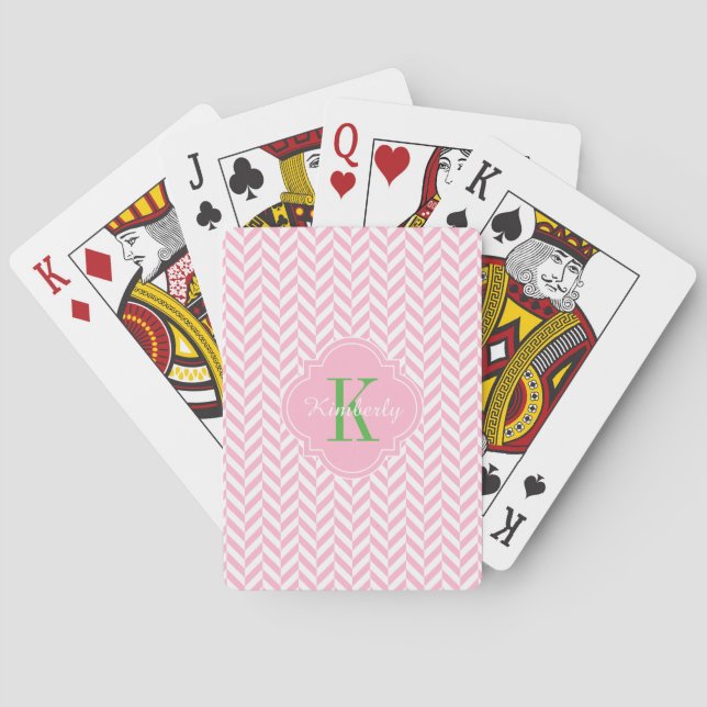 Jeu De Cartes Monogramme vert de l'Herringbone rose (dos)