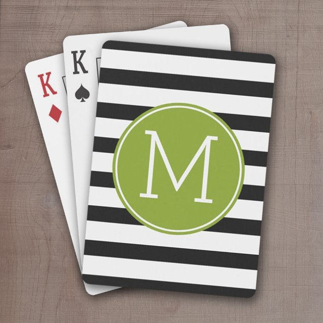 Jeu De Cartes Monogramme vert Motif rayé noir et blanc (Green and Black stripes with monogram - personalized playing cards)