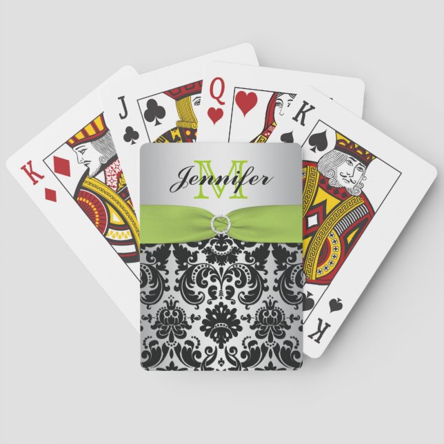 Jeu De Cartes Monogramme Vert Noir Argent Damas Jouer Cartes (dos)