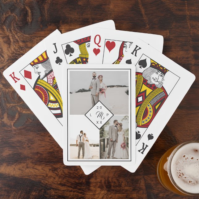 Jeu De Cartes Monographie classique 3 photo grille mariage colla (Classic monogram 3 photo grid collage wedding poker cards)