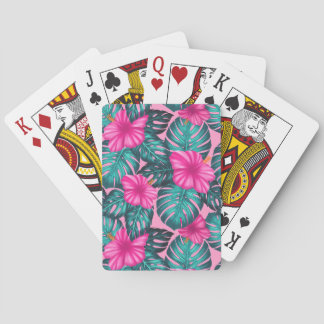 Jeu De Cartes Monstera Feuilles et Hibiscus, Turquoise et rose