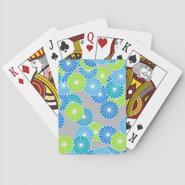 Jeu De Cartes Motif à fleurs Art Déco - bleu et vert citron (dos)