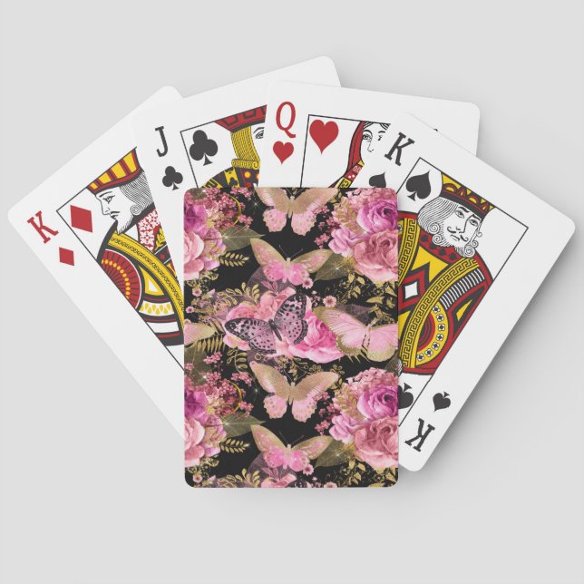 Jeu De Cartes Motif à papillon floral rose et or (dos)