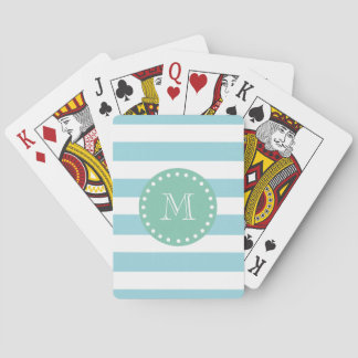 Jeu De Cartes Motif blanc bleu de rayures, monogramme vert en