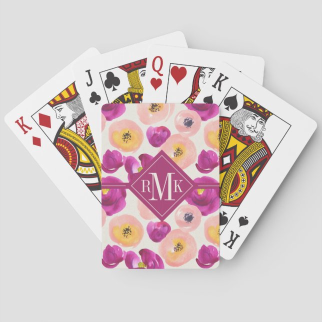 Jeu De Cartes Motif botanique d'aquarelle du monogramme | (dos)