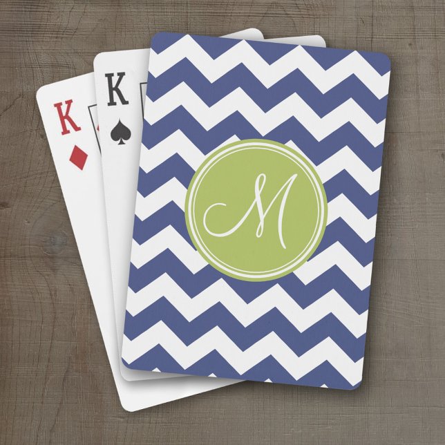 Jeu De Cartes Motif Chevron avec Monogram - Navy Lime (Personalized Playing Cards)