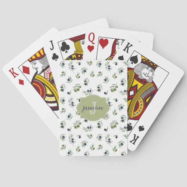 Jeu De Cartes Motif chic aquarelle avec monogramme vert olive (dos)