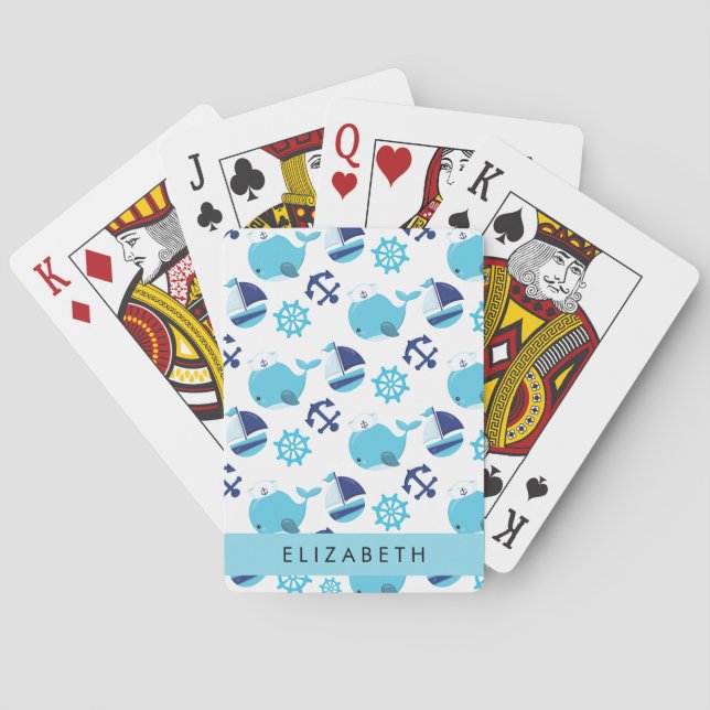 Jeu De Cartes Motif De Baleines, Baleines Bleues, Votre Nom (dos)