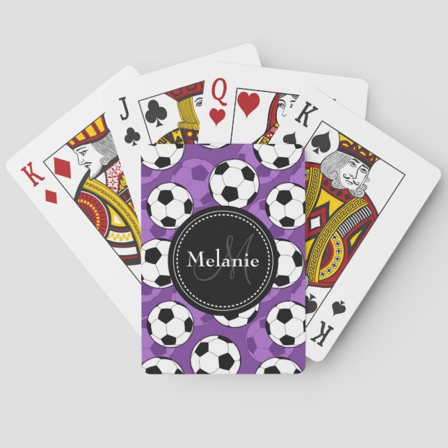 Jeu De Cartes Motif de balle de soccer noir violet monogramme (dos)
