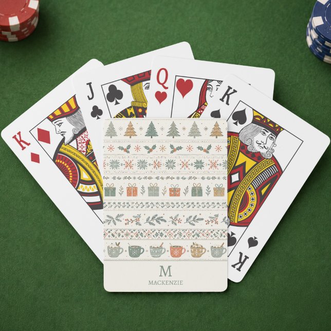 Jeu De Cartes Motif de vacances de Noël Monogramme (elegant cozy hygge festive christmas holiday playing cards with custom monogram initial and name)