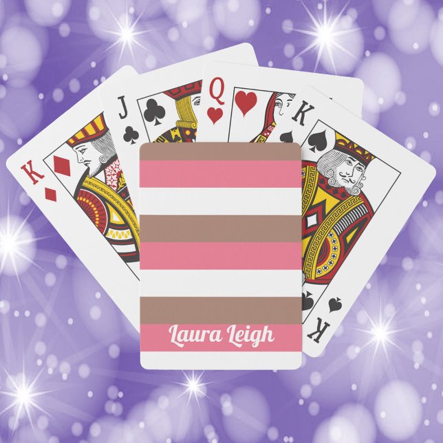 Jeu De Cartes Motif en bande Brown rose blanc Personnaliser (A deck of playing cards with pink, brown and white stripes with text that can be personalized!)