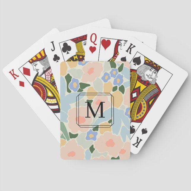 Jeu De Cartes Motif fleur rose pastel bleu clair Monogramme (dos)