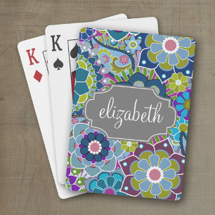 Jeu De Cartes Motif floral funky avec nom personnalisé - gris