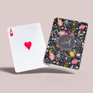 Jeu De Cartes Motif floral monogramme nom jaune rose gris