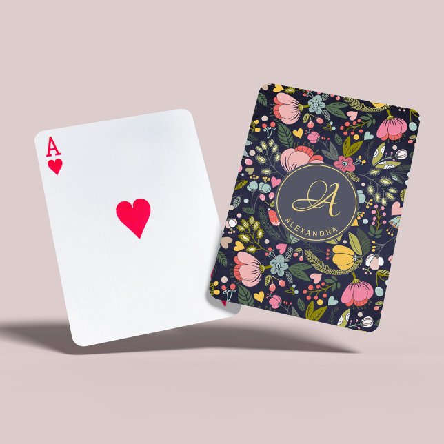 Jeu De Cartes Motif floral monogramme nom jaune rose gris (Créateur téléchargé)