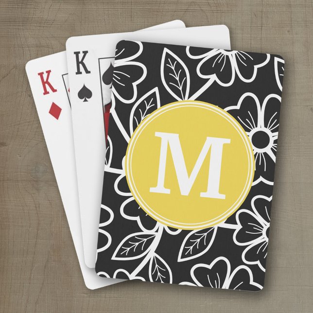 Jeu De Cartes Motif floral noir et blanc Monogramme personnalisé (Personalized playing cards with a funky floral pattern and a place for a name)
